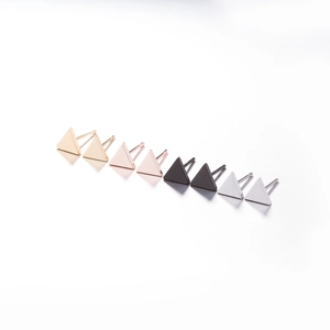 Detailed view of triangular stainless steel earrings in gold, rose gold, black and silver