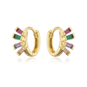 Close-up of gold geometric earrings with colorful rectangular zircon stones in fan shape
