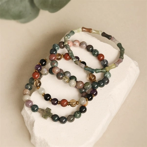Natural Stone Beaded Bracelet Agate Bamboo Shape Cross Pendant Elastic Rope Bohemian Style Jewelry For Women