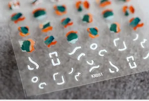 Macro shot of thin KX051 5D nail sticker with colorful ink smudges and geometric lines