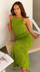 Detail of light green textured pleated fabric on this slim fit sleeveless maxi dress