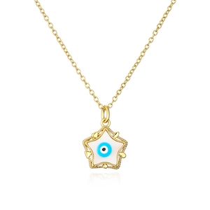 Close-up of 18K gold plated star pendant necklace with blue evil eye enamel detail
