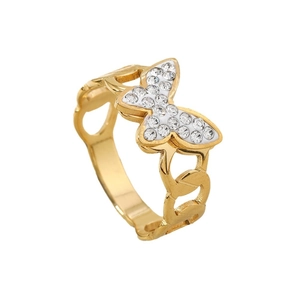 Golden butterfly ring with white rhinestones and chain band on a white background