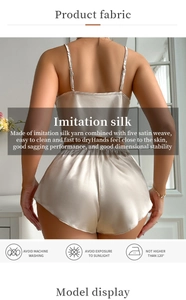 Detail of champagne imitation silk pajama set with fabric care washing icons and fabric texture