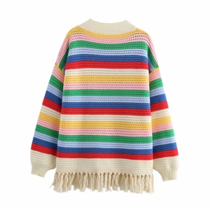 Pull en Tricot à Rayures Arc-en-ciel Décontracté pour Femmes Pull Doux Ajouré Manches Longues Col Rond Ourlet à Glands Haut au Crochet