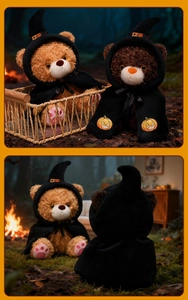 Detail view of Halloween teddy bears wearing witch capes with orange pumpkin patterns