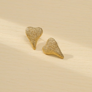 Frosted gold heart-shaped stainless steel stud earrings in high-quality matte finish
