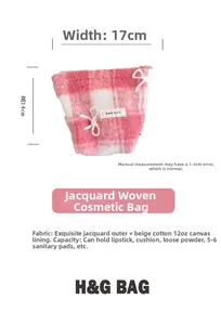 Detail of pink plaid makeup bag with bow, dimensions 17x14cm and jacquard cotton fabric