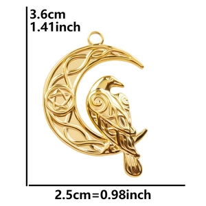 304 stainless steel gold moon pendant with raven and pentagram, 3.6cm x 2.5cm size
