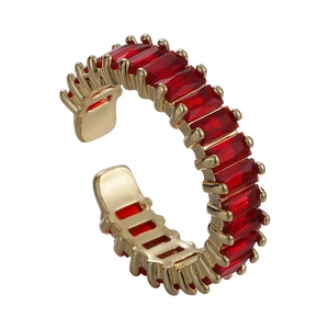 Elegant gold open ring with a micro-set rectangular red zircon on a clean white background