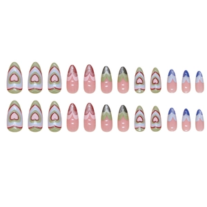 24-piece almond press-on nails set with heart patterns and shimmering cat-eye glitter design