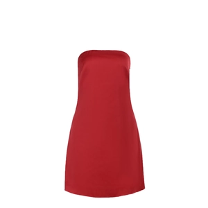 Elegant red satin strapless mini dress with a sleek backless design and glossy finish