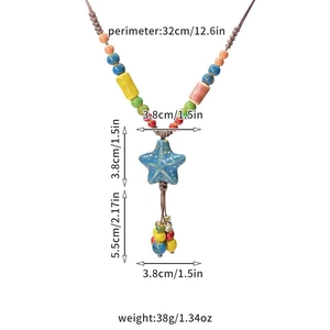 Detailed dimension chart for Bohemian ceramic bead necklace with starfish and tassel