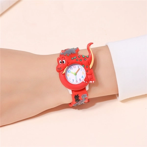 Close-up of kids 3D red dinosaur watch featuring easy-to-read colorful numbers