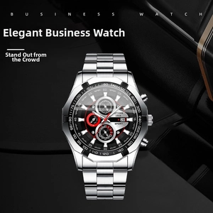 Detailed macro view of the silver stainless steel watch strap and multi-dial black watch face