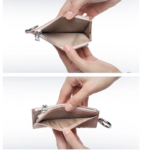 Internal view of pink lychee leather coin purse showing card slots and zipper pocket