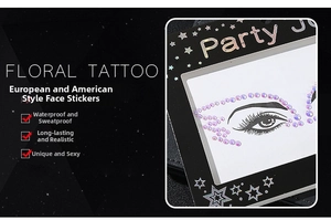 Detailed close-up of iridescent rhinestone face stickers for party makeup and eye decoration