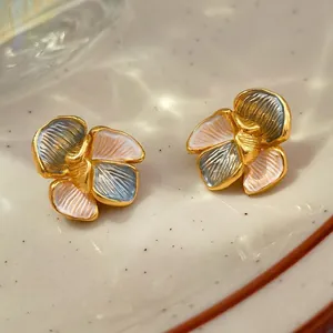 Elegant S925 silver needle flower stud earrings with blue and cream enamel petals