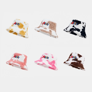 Bucket Hat Women Cow Print Faux Fur Music Letter Embroidery Winter Warm Plush Fashion Basin Hat Casual