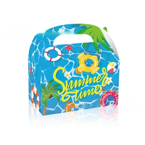 Detail of summer themed gift box featuring ocean wave patterns and a convenient handle