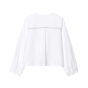 Back view of a white poplin shirt for women with elegant pleated detailing and round neck