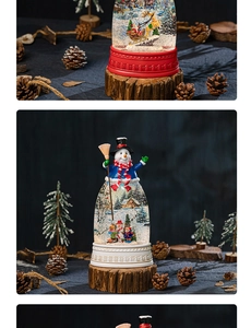 Detailed view of festive Santa snow globe with rustic wooden base and warm lighting