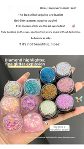 Close-up of glitter eye shadow gel pots in multiple shades for stage makeup look