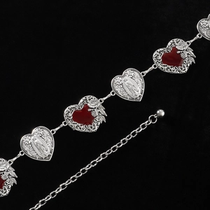 Silver heart-link waist chain with red enamel and floral carvings for women