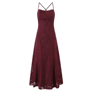 Sexy weinrotes rückenfreies Maxikleid mit Rosen-Jacquard und Kreuzträgern