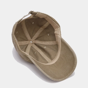 Khaki cotton canvas outdoor baseball cap with internal sweatband and adjustable back strap