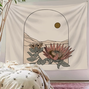 Bohemian wall tapestry with mountain landscape and dried flowers for home decor