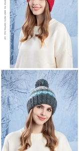 Detail of soft winter knit hat texture and fuzzy pom pom on ear protection cap