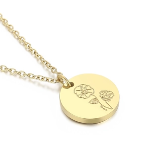 Collier avec pendentif fleur de naissance en acier doré et motif floral élégant gravé