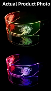 Detail of cyberpunk LED glasses with multi-color light effect and tech pattern