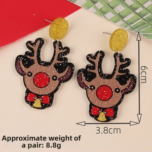 Glittery reindeer acrylic earrings with red nose and yellow bell, weight 8.8g per pair