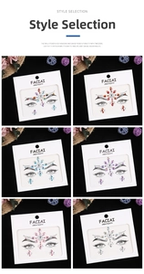 Close-up of six styles of self-adhesive face gems in colorful crystal rhinestone patterns