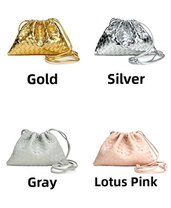 Quilted cowhide leather woven bucket bag shown in gold, silver, grey, and lotus pink colors