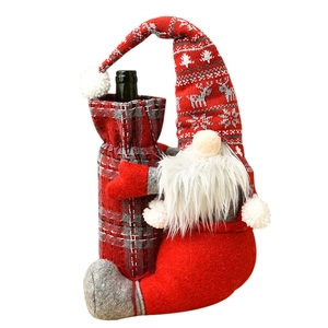 Rudolph gnome Christmas wine bottle cover with knitted deer pattern and plush beard