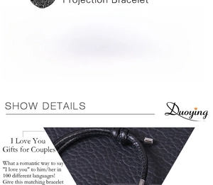 Detail of adjustable black woven projection bracelet with 100 languages I Love You stone