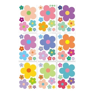 Set of nine colorful floral wall decals with minimalist flower designs for kids rooms
