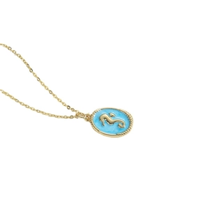 Elegant gold necklace with blue enamel oval pendant featuring a seahorse design