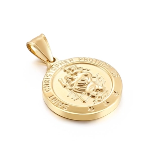 Gold Saint Christopher necklace pendant with embossed protective religious imagery