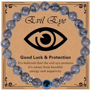 8MM Evil Eye Perlenarmband mit grauen Marmorsteinen und Schutz-Talisman-Karte
