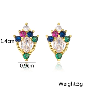 Detailed close-up of gold-plated cluster earrings with colorful cubic zirconia and dimensions