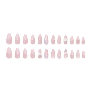 24-piece pink and white press-on nails with 3D bows, camellias, and rhinestones