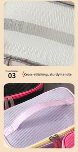 Detail of cross-stitched reinforced handle and breathable mesh on travel makeup bag