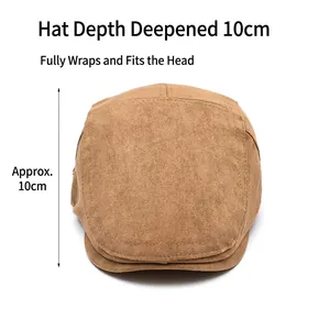 Brown faux suede newsboy hat featuring 10cm depth and classic minimalist British style