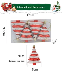 Set of 4 red and white Christmas tree pendants with glitter finish and hanging strings