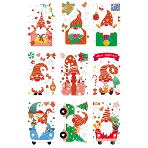 Christmas gnome window stickers featuring nine festive styles like cars and gift boxes