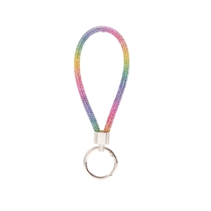 Close-up of sparkling rainbow rhinestone gradient lanyard keychain with silver metal ring